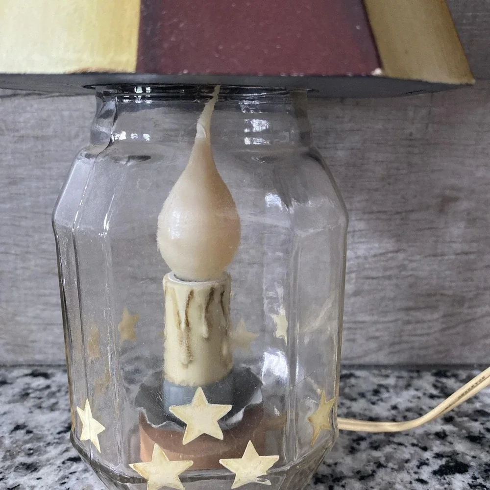 Red White Blue Americana Lamp Glass Bottom, Wood Shade Stars Flag